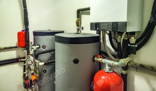 Pomieszczenie techniczne z buforem ciepła, zasobnikiem CWU i instalacją hydrauliczną pompy ciepła