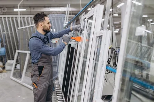 Pracownik zakładu produkcyjnego składa ramy okien PCV i aluminiowych