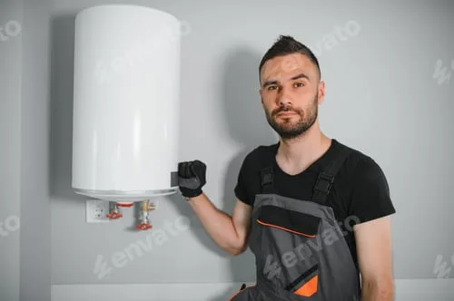 Instalator w kombinezonie roboczym stoi przy białym zasobniku ciepłej wody użytkowej na ścianie